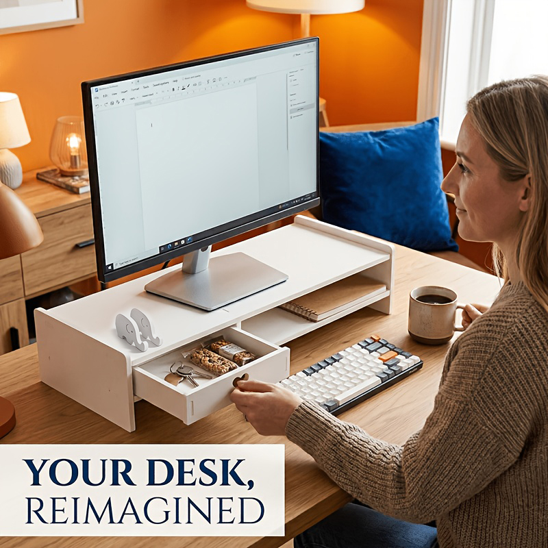 Desk Setup Accessories - Minimalistischer Weißer PVC-Monitorständer mit Aufbewahrungsschublade, Ergonomischer
