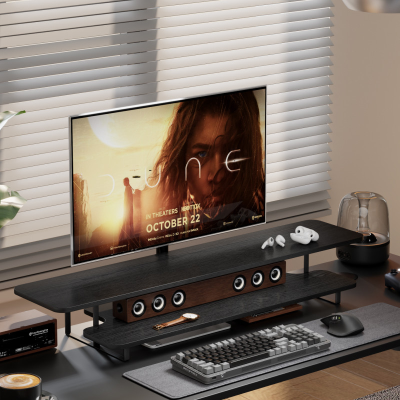 Desk Setup Laptop And Monitor - Monitorständer in Walnuss-Optik Massivholz Schreibtisch-Organizer für