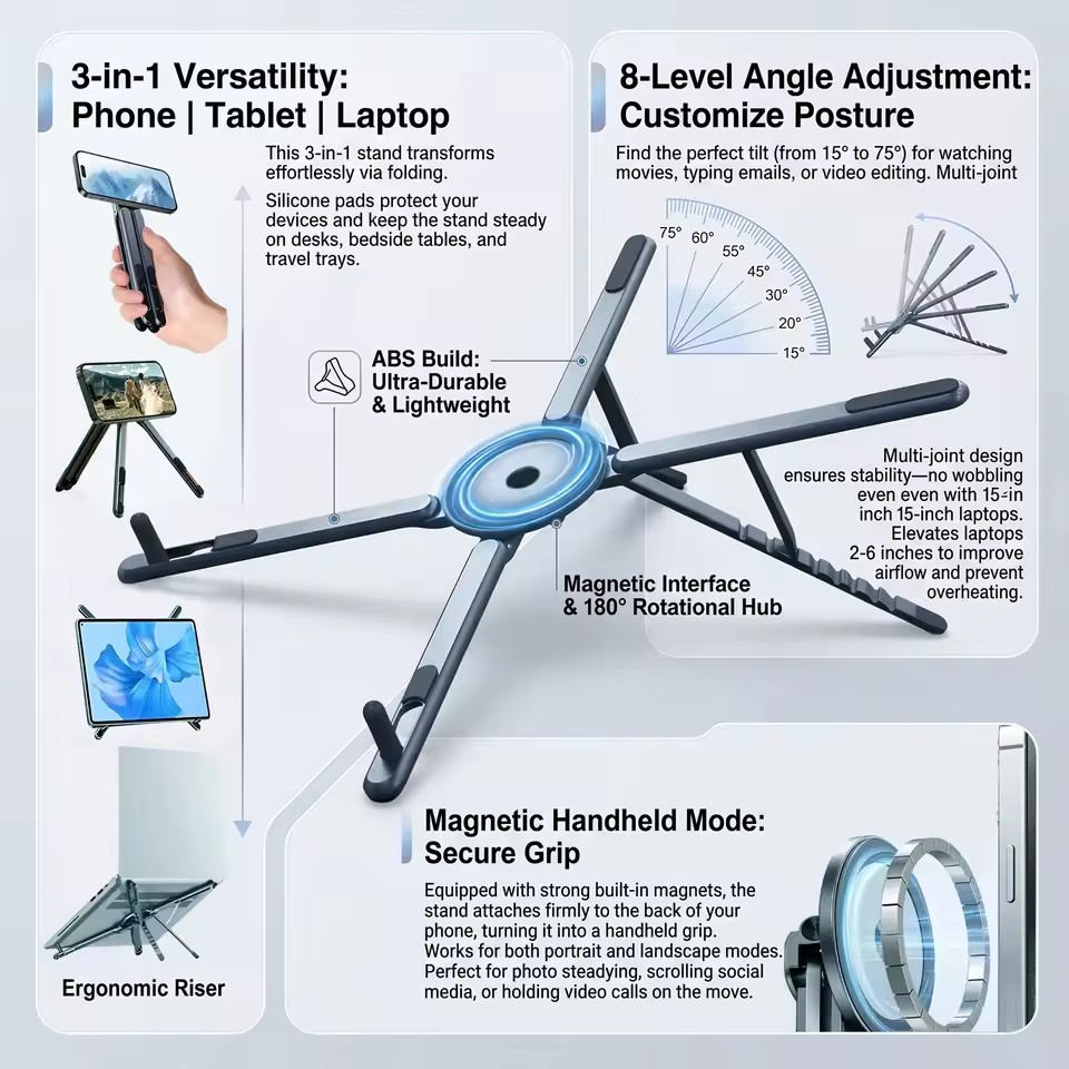 Desk Setup Ipad - Tragbarer Magnetischer Handyhalter & Selfie-Stick 3-in-1
