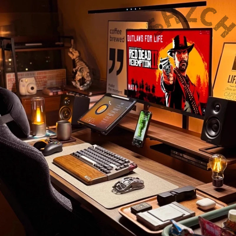 Desk Setup Laptop And Monitor - Modularer Monitorständer aus Walnussholz für ergonomisches