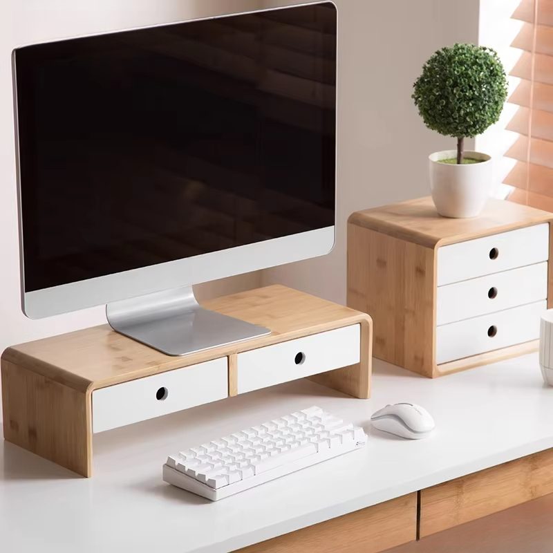 Desk Setup Laptop And Monitor - Bambus-Laptop-Monitor-Riser, umweltfreundlicher Desktop-Organizer mit Schublade für