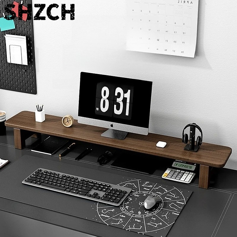Monitor Riser Wood - Walnuss-Monitorständer Verstellbarer Massivholz-Schreibtischorganizer mit Ablagefach